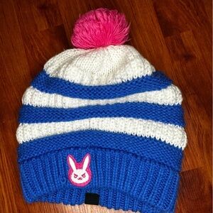 Overwatch D. VA Bunny Blue & White Striped Knit Beanie with Pink Pom Pom.